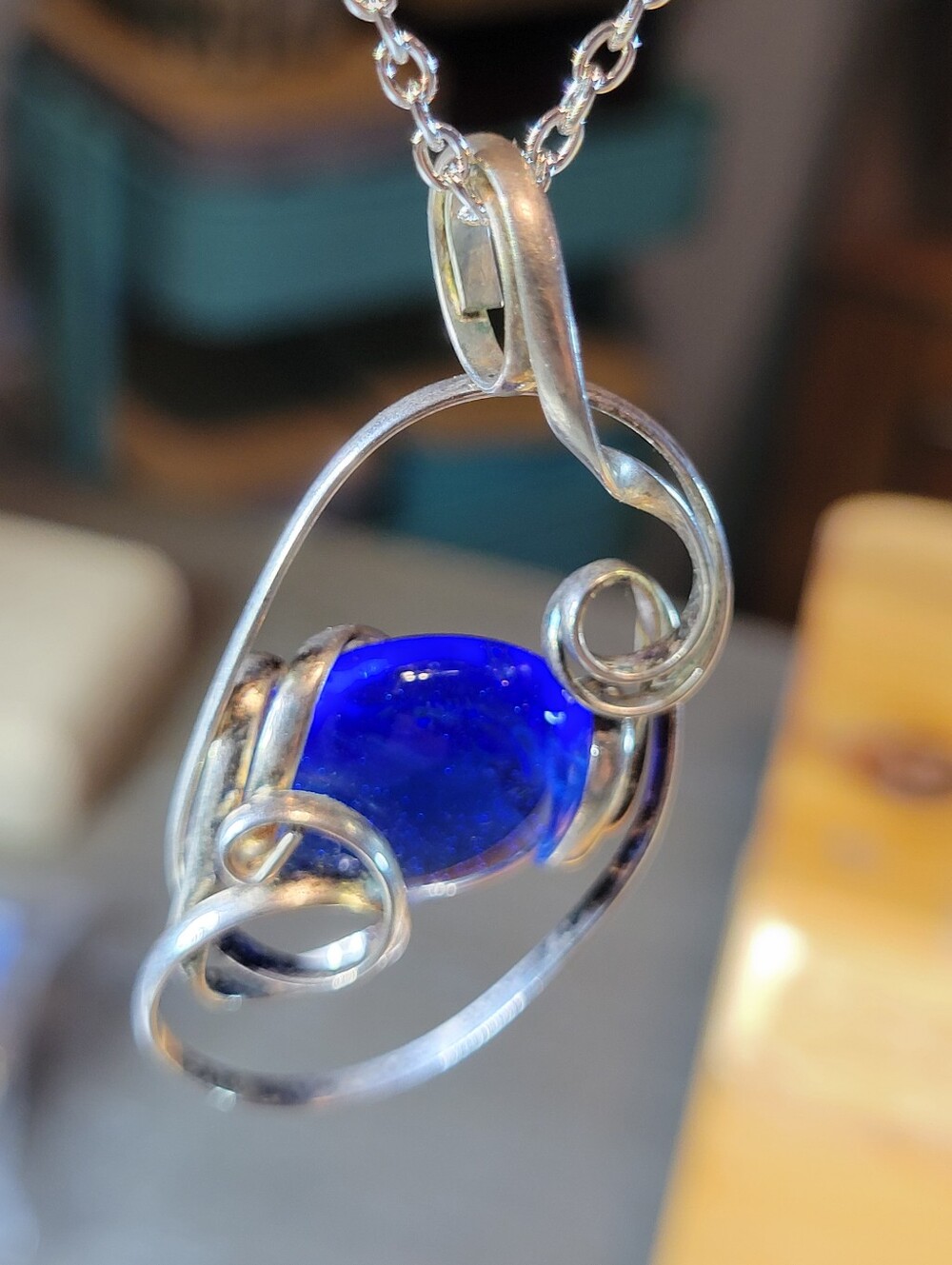 Handmade Silver Tone Wire Wrapped Cobalt Blue Glass Cabochon w/ 18" Chain